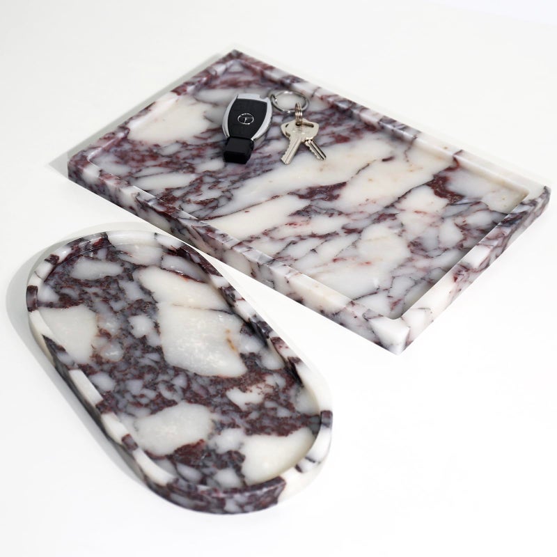 DUANYAN Real Luxurious Natural Marble Vanity Tray Genuine Marble Storage Tray for Home Decor Stone Tray for Bathroom/Kitchen/Vanity/Dresser Non-Resin/Non-Ceramic/Viola Oval Set - Image 5